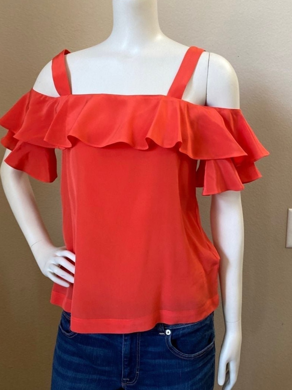 J. Crew Coral Cold-Shoulder Ruffle Blouse